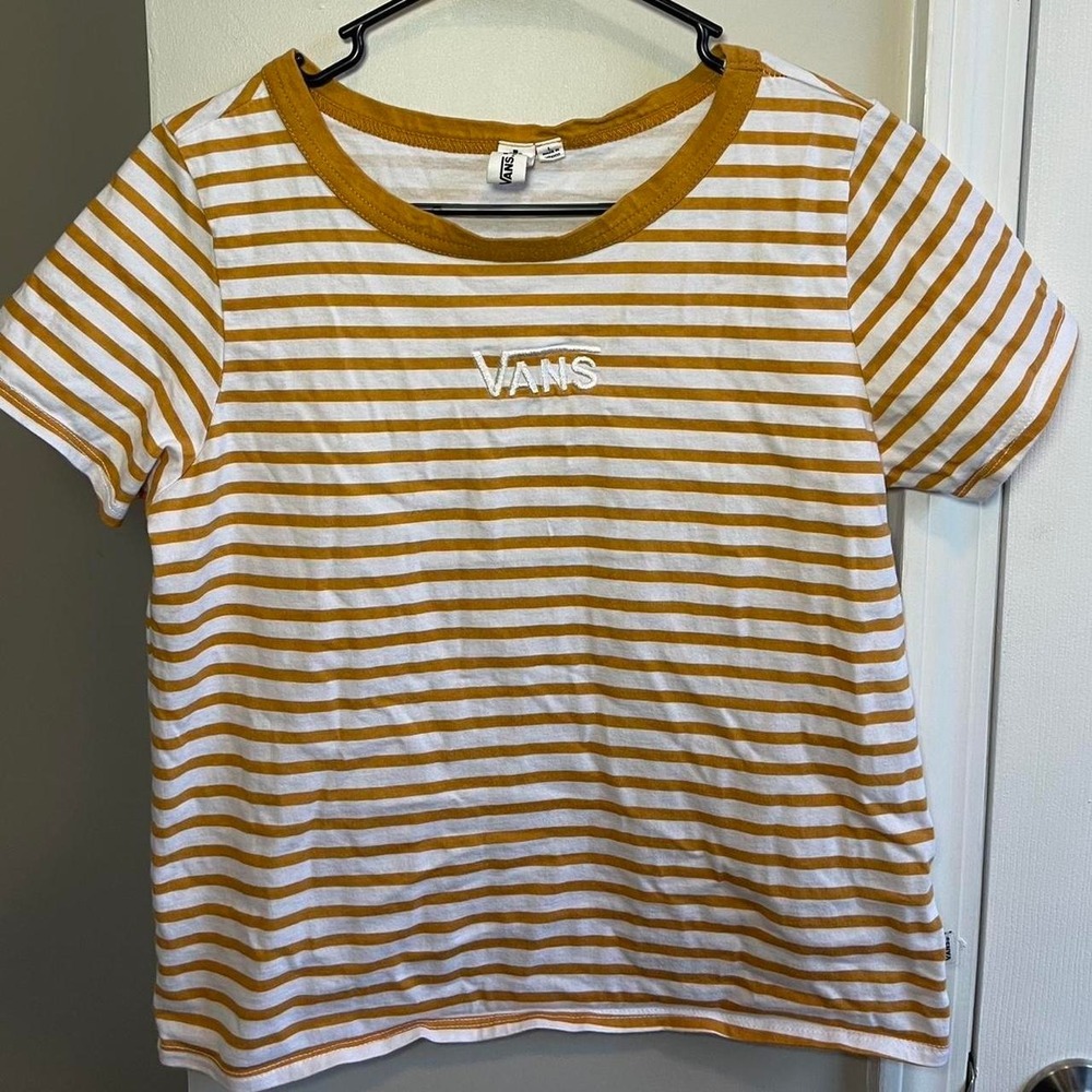 Vans Womens Mustard Yellow White Striped Embroidered Logo Ringer T-Shirt Large
